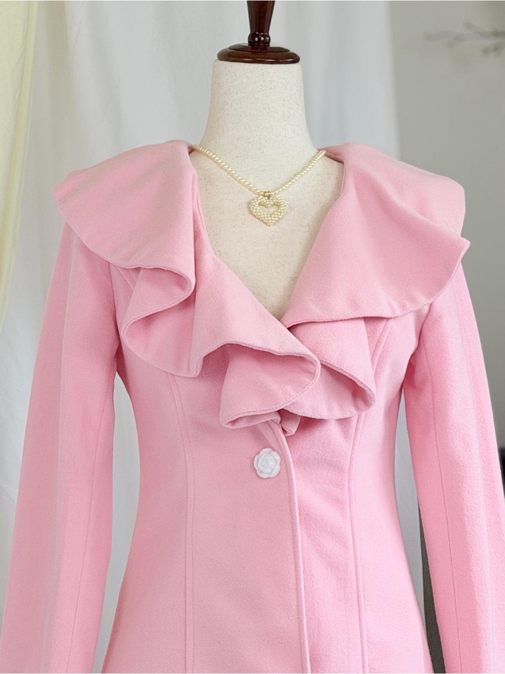 Elegant Pink Ruffle-Trim Coat Dress Pastel Barbie Preppy  XS Baby Pink - Picture 2 of 5